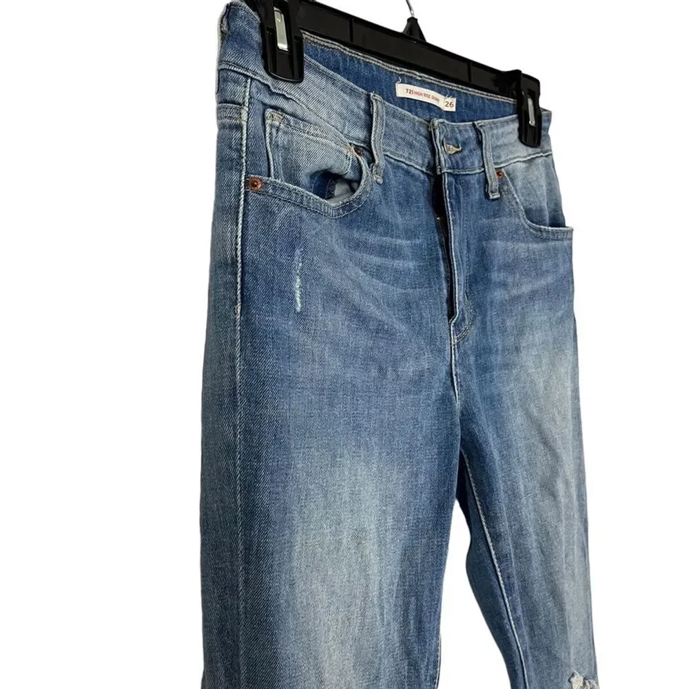 LEVI'S 721 HIGH RISE SKINNY Medium Blue Wash Distressed Red Tab Jeans sz 26 x 32